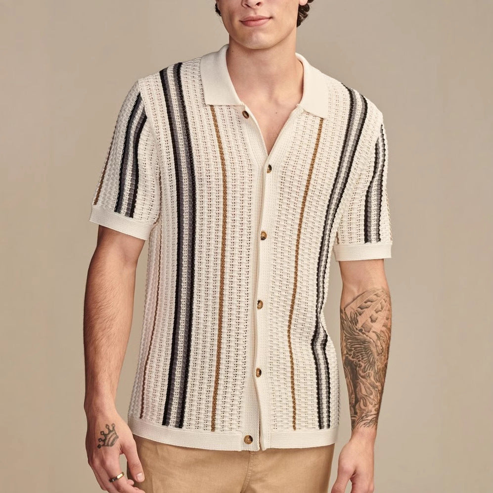 Men’s Hollow-Out Knit Cardigan with polo-style design – LuxeHaven