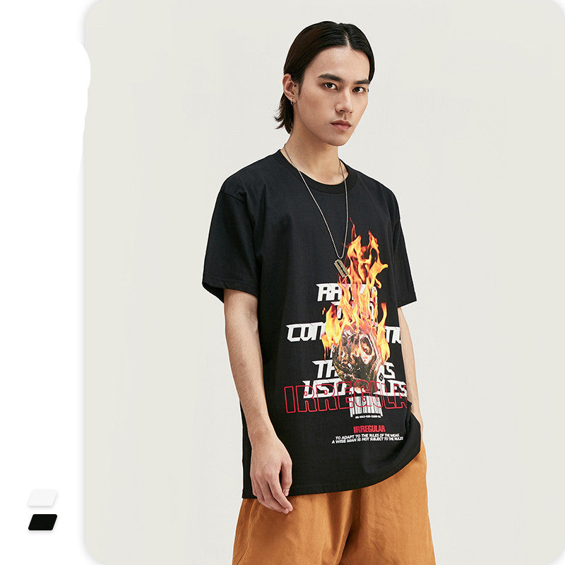 Flame Skull Print Men's Short Sleeve
