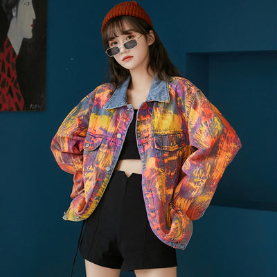Graffiti Denim Jacket Women's Autumn New tie-dye Denim Loose Korean Jacket Gradient Top