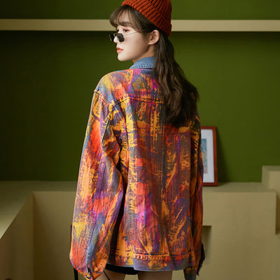 Graffiti Denim Jacket Women's Autumn New tie-dye Denim Loose Korean Jacket Gradient Top