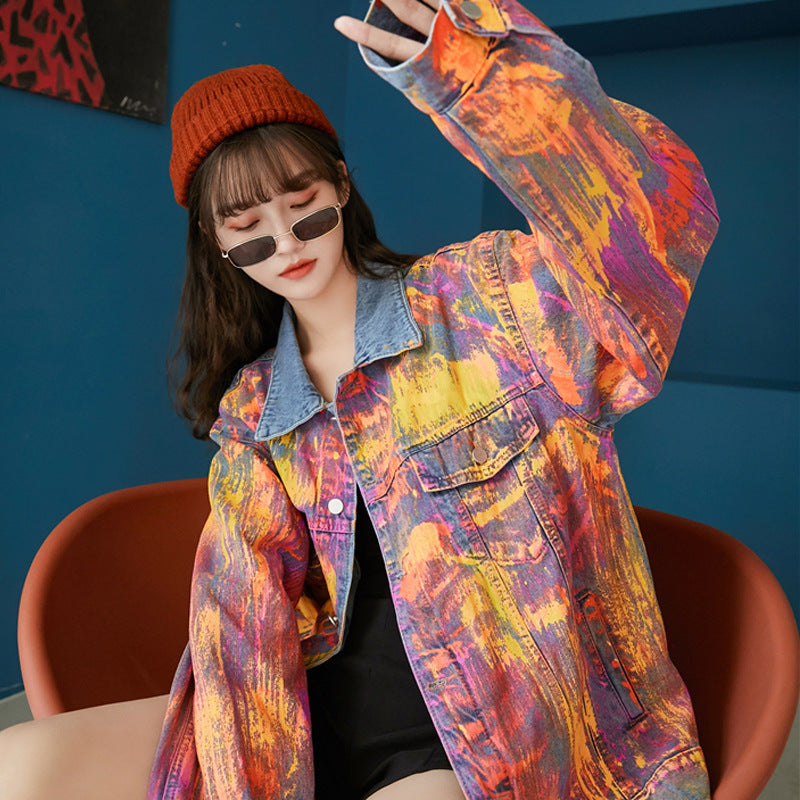 Graffiti Denim Jacket Women's Autumn New tie-dye Denim Loose Korean Jacket Gradient Top