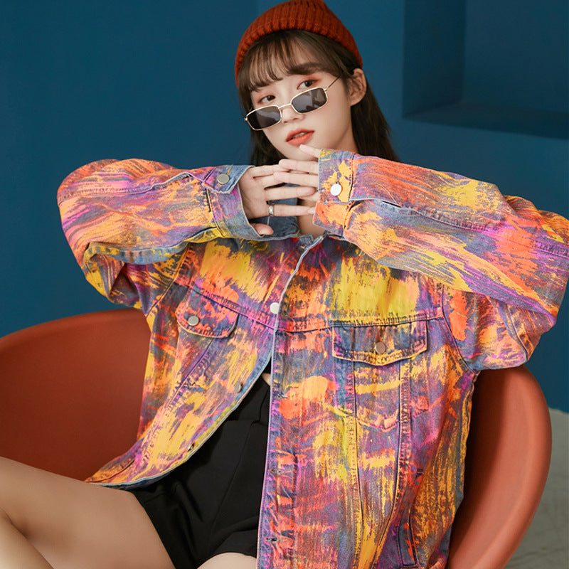 Graffiti Denim Jacket Women's Autumn New tie-dye Denim Loose Korean Jacket Gradient Top