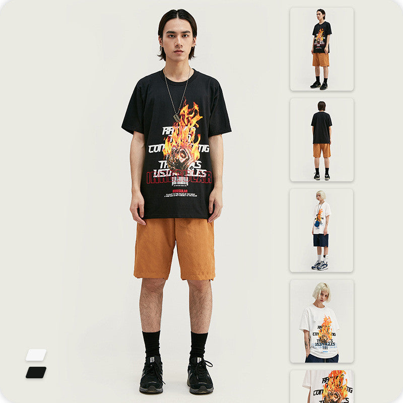 Flame Skull Print Men's Short Sleeve