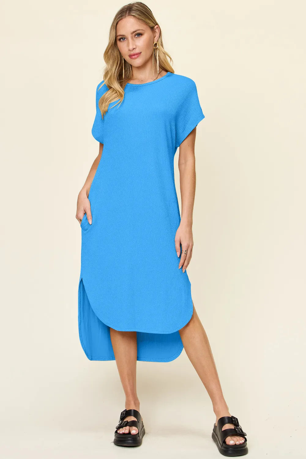 LuxeHaven Double Take Full Size Round Neck Short Sleeve Slit Dress featuring a round neckline, short sleeves, side slit detail, and flattering feminine silhouette