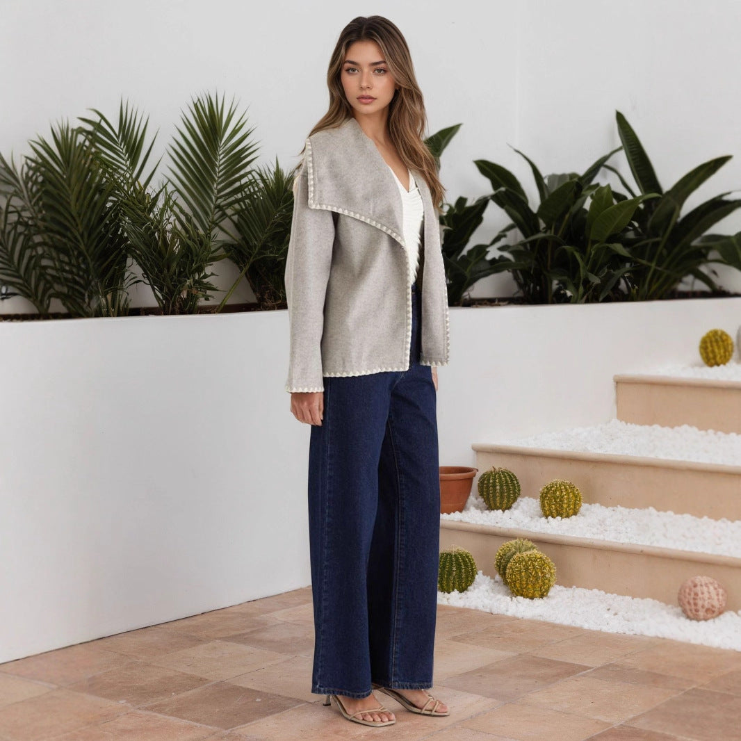 Elegant Warm Short Contrast Color Loose Design Cardigan Coat