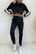 LuxeHaven side stripe cropped hoodie and jogger set for women featuring a sporty two-piece outfit with drawstring hoodie and matching relaxed-fit jogger pants.