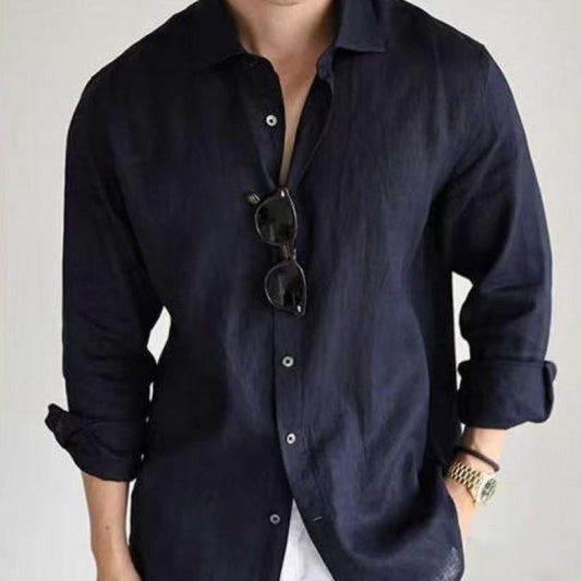 Men’s Cotton-Linen Long Sleeve Shirt in solid color business casual style – LuxeHaven