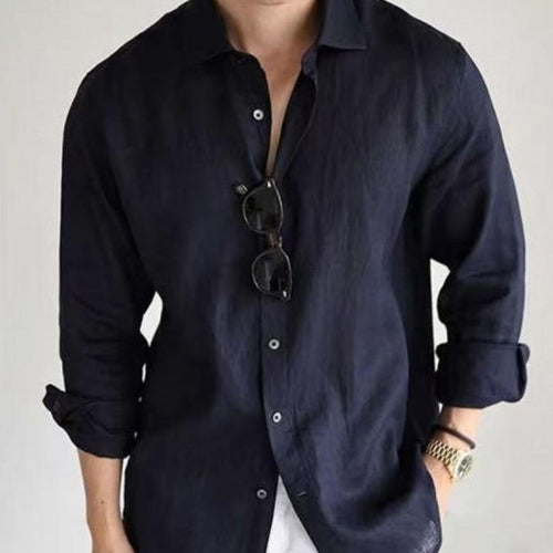 Men’s Cotton-Linen Long Sleeve Shirt in solid color business casual style – LuxeHaven