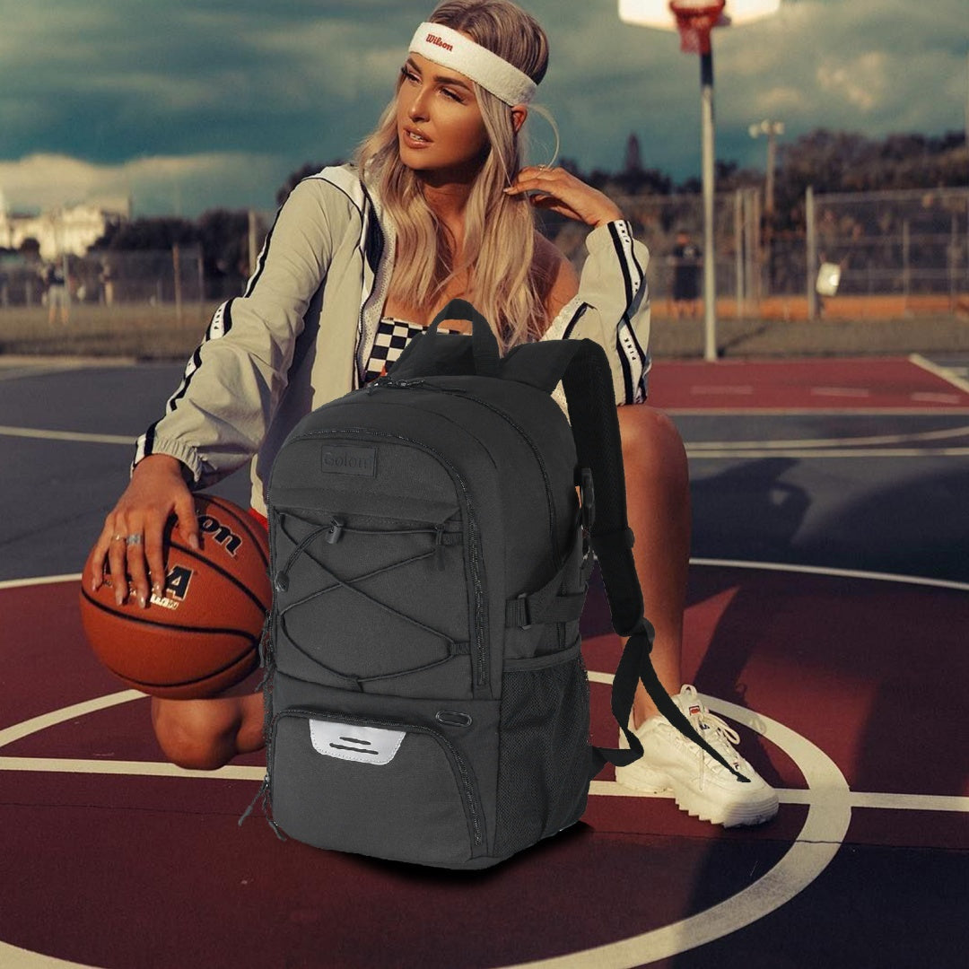 LuxeHaven unisex black basketball and fitness backpack with spacious compartments.