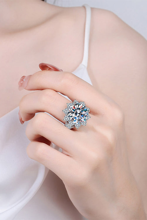 LuxeHaven 10 carat moissanite flower-shaped ring in polished 925 sterling silver with rhodium-plated finish and elegant floral statement design.
