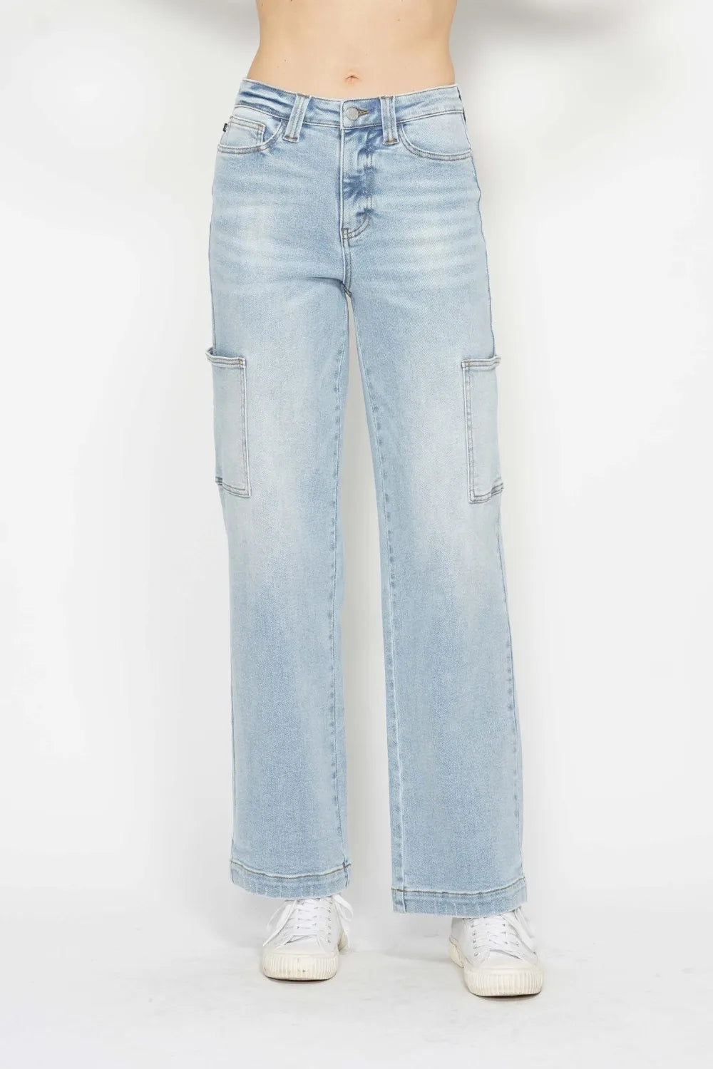Judy Blue full size high waist straight cargo jeans for women with stretch denim and utility pockets