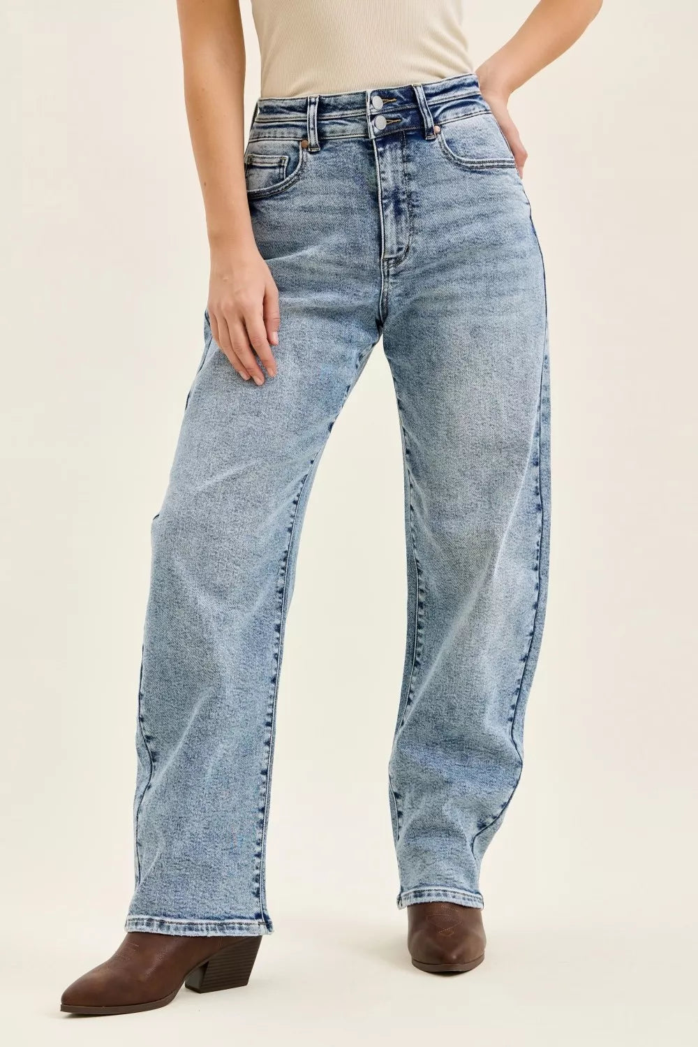 LuxeHaven™ Judy Blue women’s high waist arc leg jeans featuring double waistband detail, relaxed curved silhouette, and comfortable plus size denim styling.