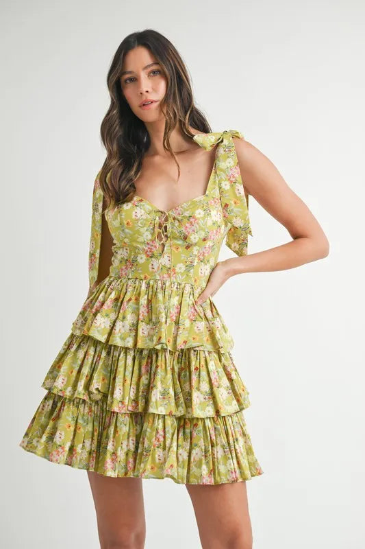 LuxeHaven™ MABLE women’s floral mini dress featuring shoulder tie straps, layered ruffle silhouette, and feminine summer styling.