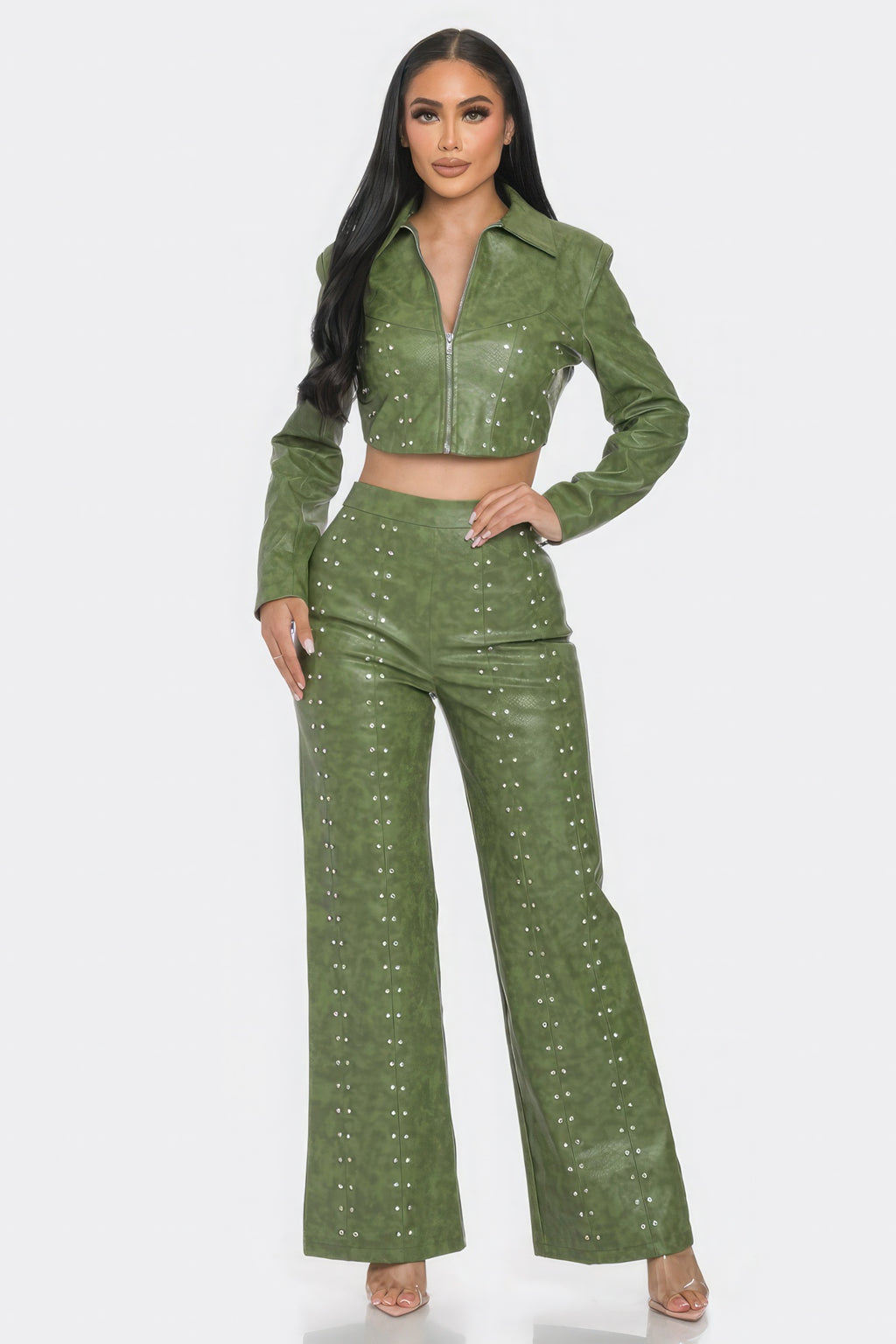 LuxeHaven Faux Leather Set With Rhinestone Detail featuring sleek faux leather fabric, rhinestone embellishments, and coordinated two-piece styling for bold statement wear