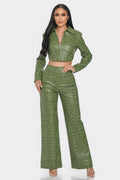 LuxeHaven Faux Leather Set With Rhinestone Detail featuring sleek faux leather fabric, rhinestone embellishments, and coordinated two-piece styling for bold statement wear