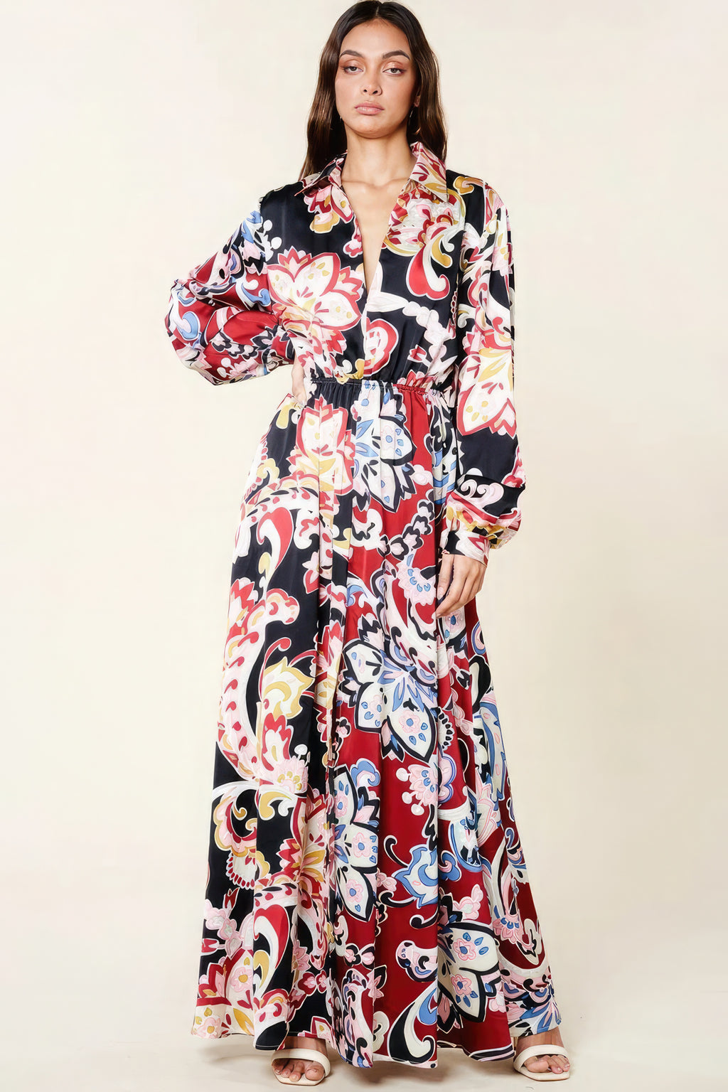 LuxeHaven™ Color Block Printed V Neck Dress | Women’s Elegant Printed Midi Dress
