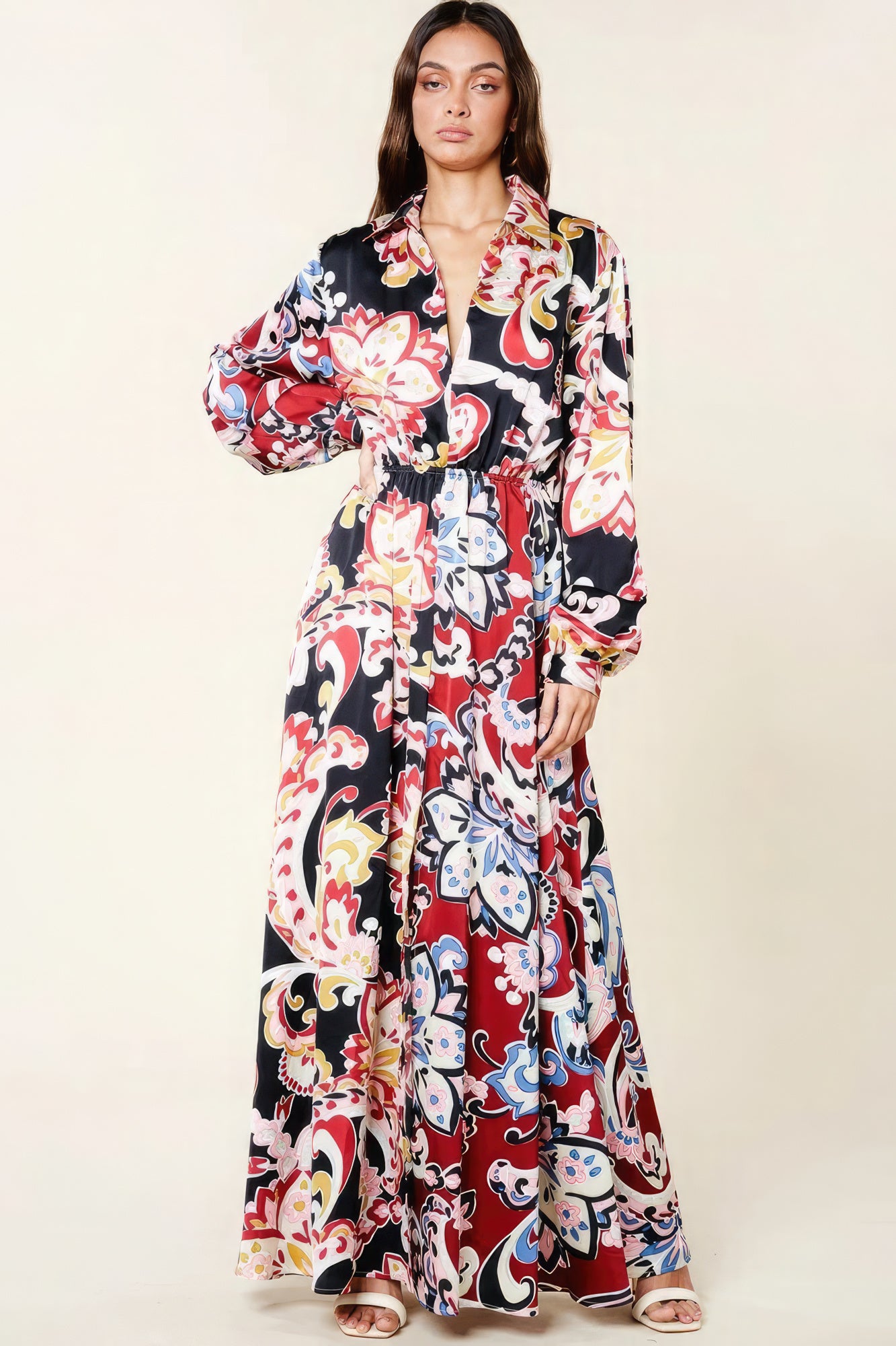 LuxeHaven™ Color Block Printed V Neck Dress | Women’s Elegant Printed Midi Dress