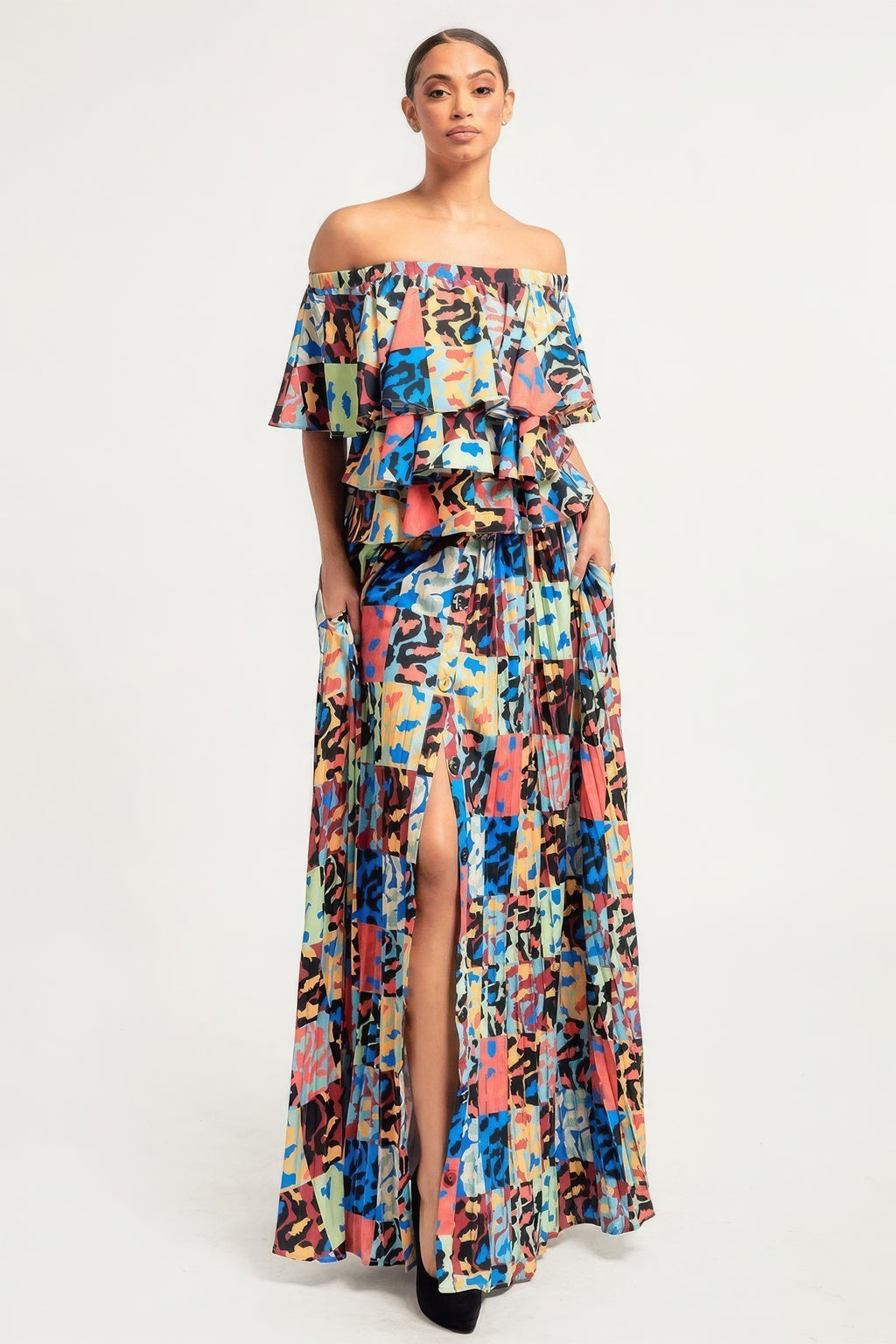 LuxeHaven printed ruffle top and pleated skirt set for women featuring elegant two-piece outfit with flowy ruffle blouse and matching pleated skirt