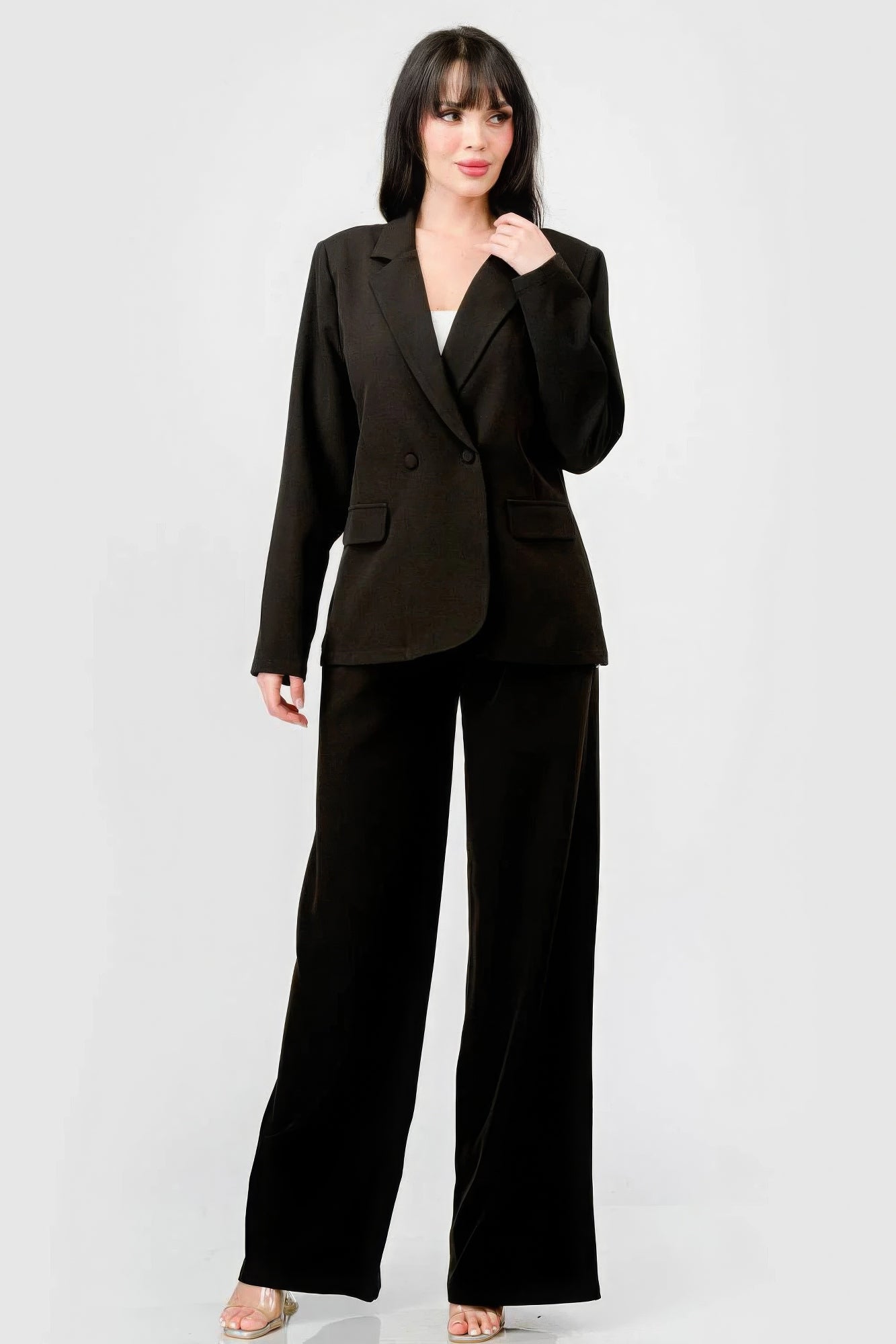 LuxeHaven™ Luxe Stretch Woven Loose Fit Blazer And Wide Legs Pants Semi Formal Set for women featuring a relaxed blazer and matching wide-leg trousers
