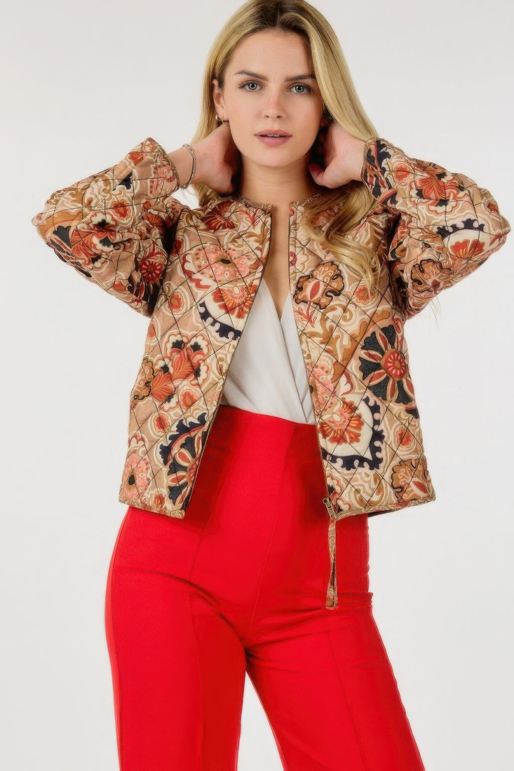 LuxeHaven Zip Up Multi-Print Jacket featuring vibrant multi-print design, zip front closure, and stylish relaxed outerwear silhouette