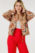 LuxeHaven Zip Up Multi-Print Jacket featuring vibrant multi-print design, zip front closure, and stylish relaxed outerwear silhouette