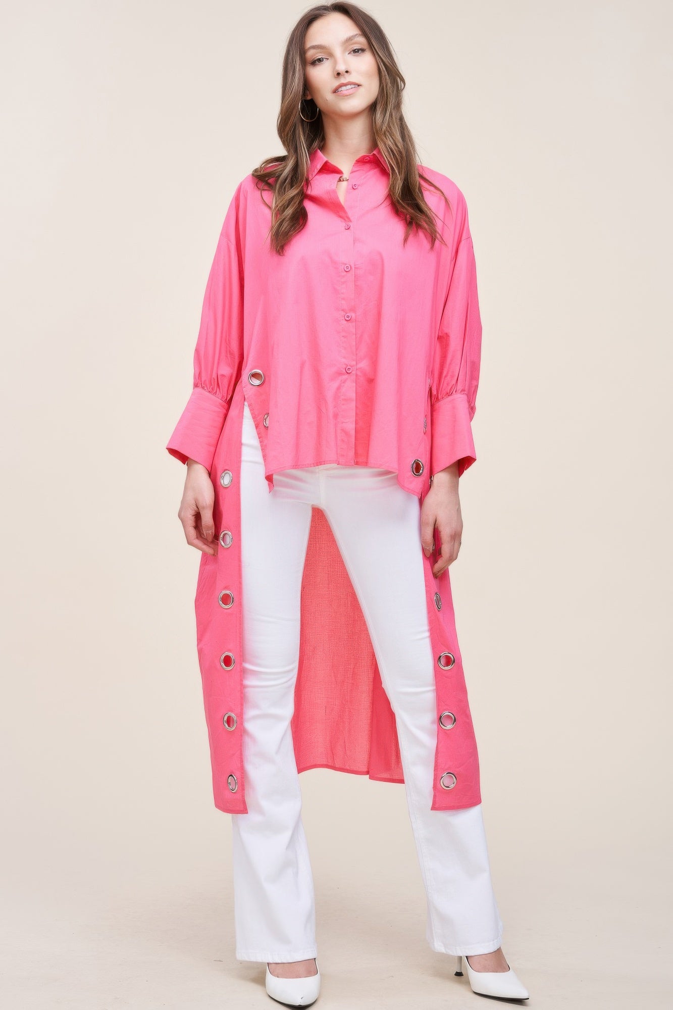 LuxeHaven™ Oversized Shirt With Long Back for women featuring a relaxed oversized fit and stylish high-low hem design