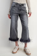 LuxeHaven Fur Bottom Hem Washed Stretch Denim Pants featuring washed denim finish, stretch fit, and fur trim hem detail for stylish statement wear