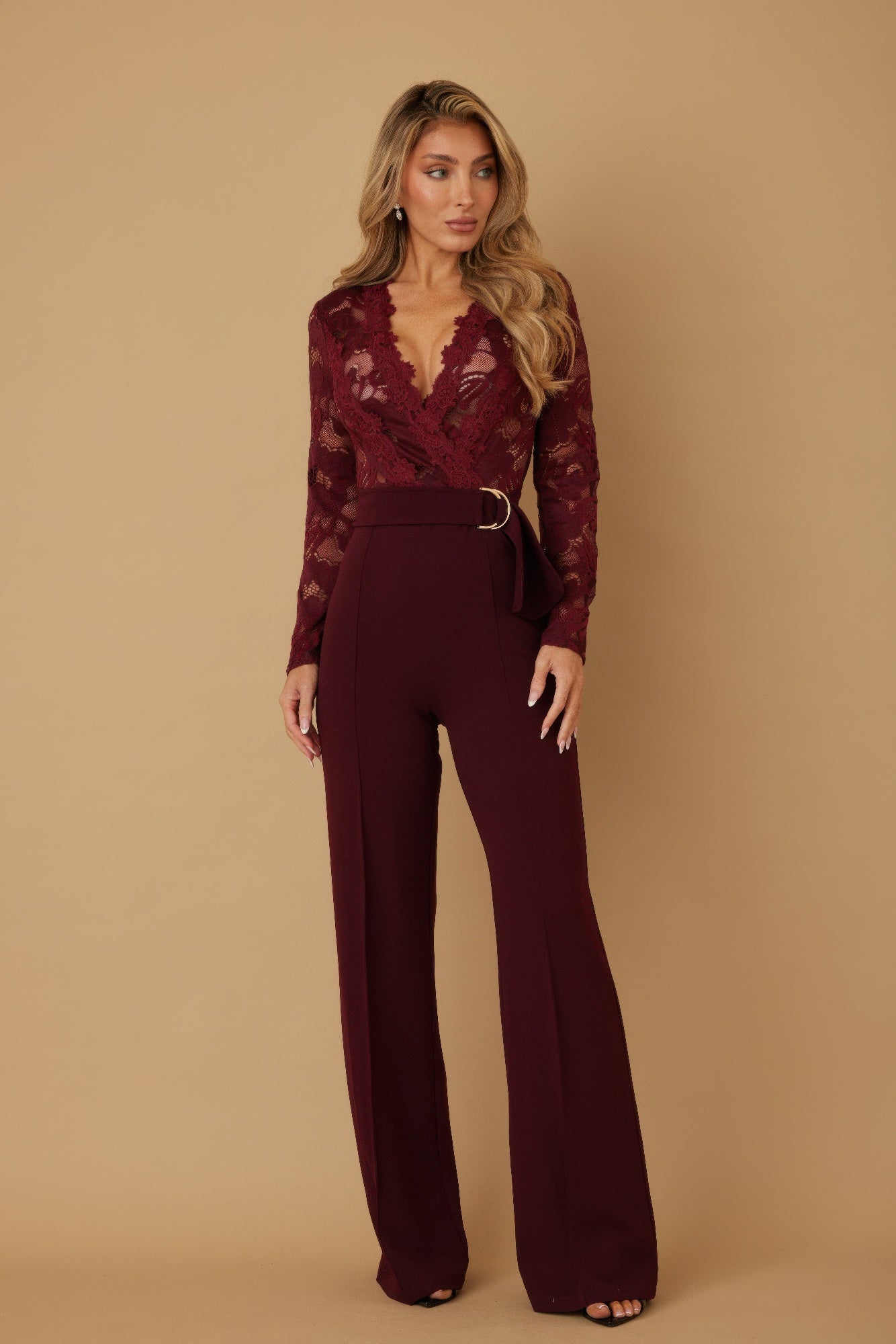 LuxeHaven lace crochet long sleeve jumpsuit featuring elegant fitted one-piece design with sheer crochet detailing and long sleeves
