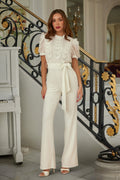 LuxeHaven Multi Butterfly Sheer Pattern Jumpsuit with butterfly lace detailing, ribbon waist tie, short sleeves, and elegant feminine silhouette