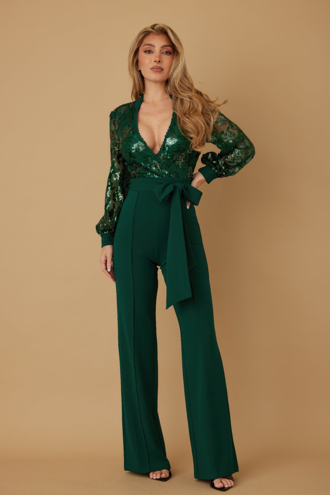 LuxeHaven Flower Vein Sequin Print Jumpsuit one-piece featuring floral sequin design, V-neckline, long sleeves, and waist belt for an elegant feminine silhouette