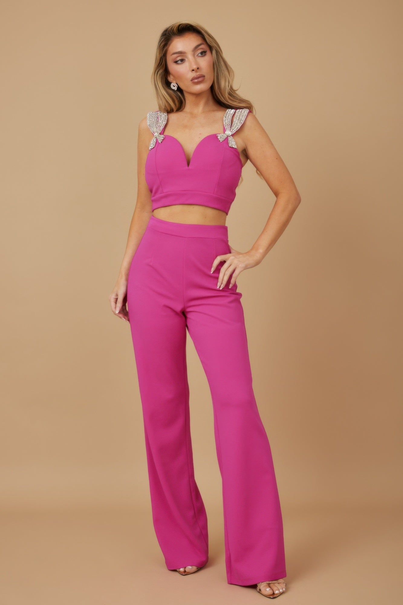 LuxeHaven Jewel Beaded Ribbon Bow Sets featuring jewel bead embellishments, ribbon bow accents, and coordinated two-piece styling for elegant statement fashion