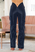 Women wearing LuxeHaven V-Cut Cargo Pants with wide-leg fit, V-shaped waistline, and side cargo pockets