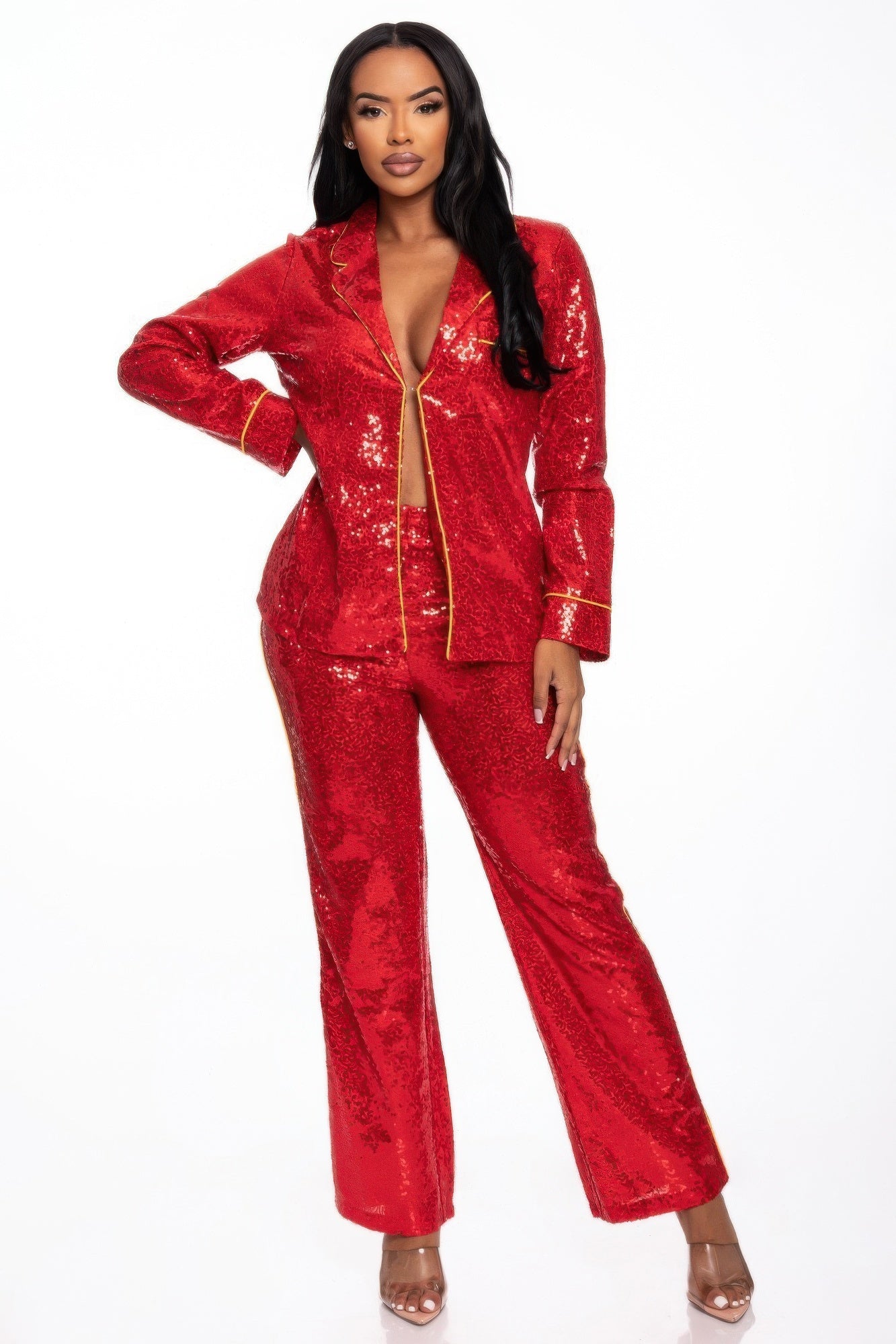 Woman wearing LuxeHaven™ sequin collared top and matching straight-leg pants set