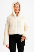 LuxeHaven™ Ivory Faux Fur Hooded Jacket | Cropped Zip-Up Plush Winter Coat for Women