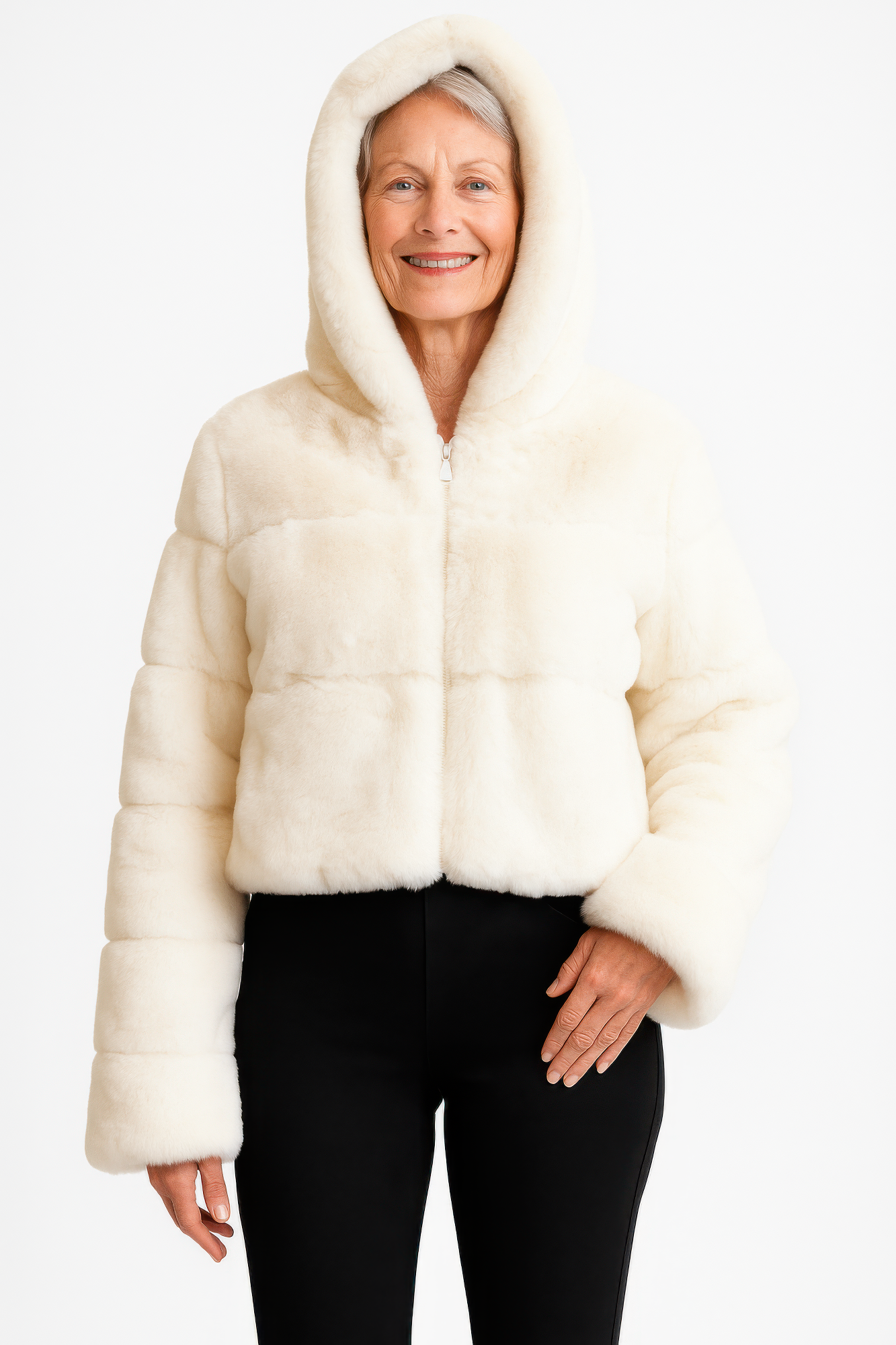 LuxeHaven™ Ivory Faux Fur Hooded Jacket | Cropped Zip-Up Plush Winter Coat for Women