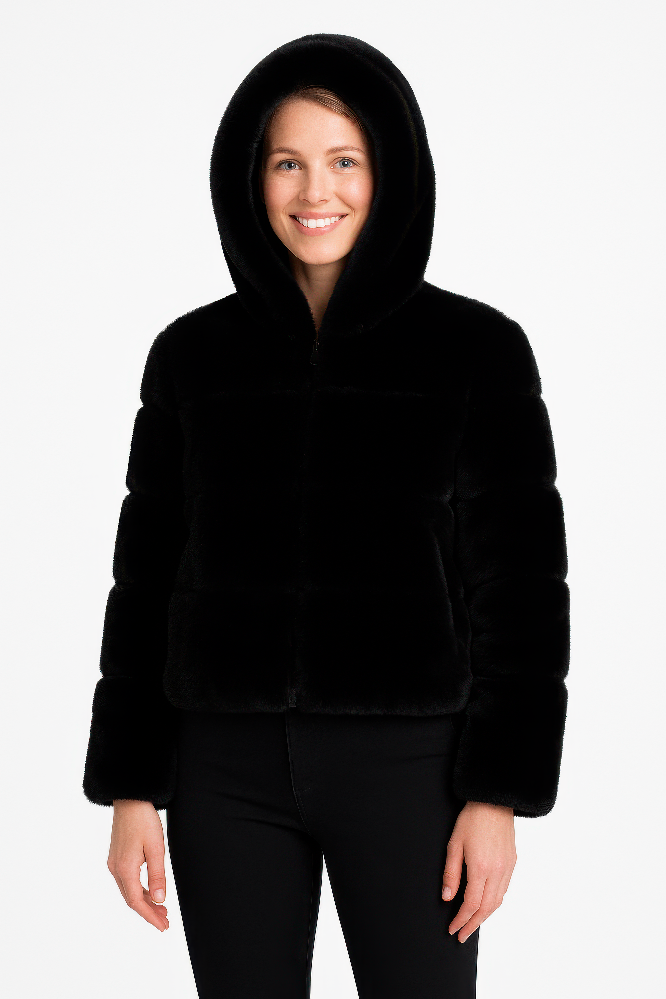 Ivory faux fur hooded jacket with cropped fit, zip-up front, horizontal panel design, and soft plush winter texture.