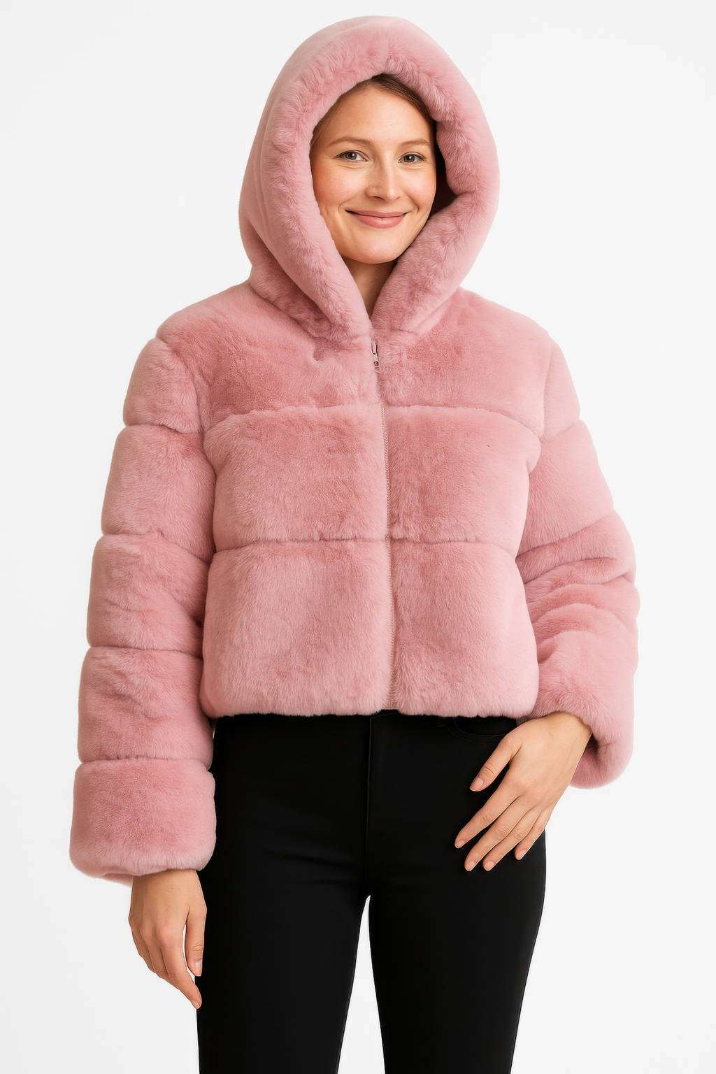 Ivory faux fur hooded jacket with cropped fit, horizontal panel design, zip-up front, and cozy winter outerwear style.