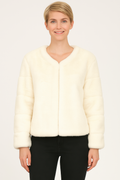 Black faux fur trim cape with open-front silhouette, plush faux fur edging, and elegant evening outerwear styling.