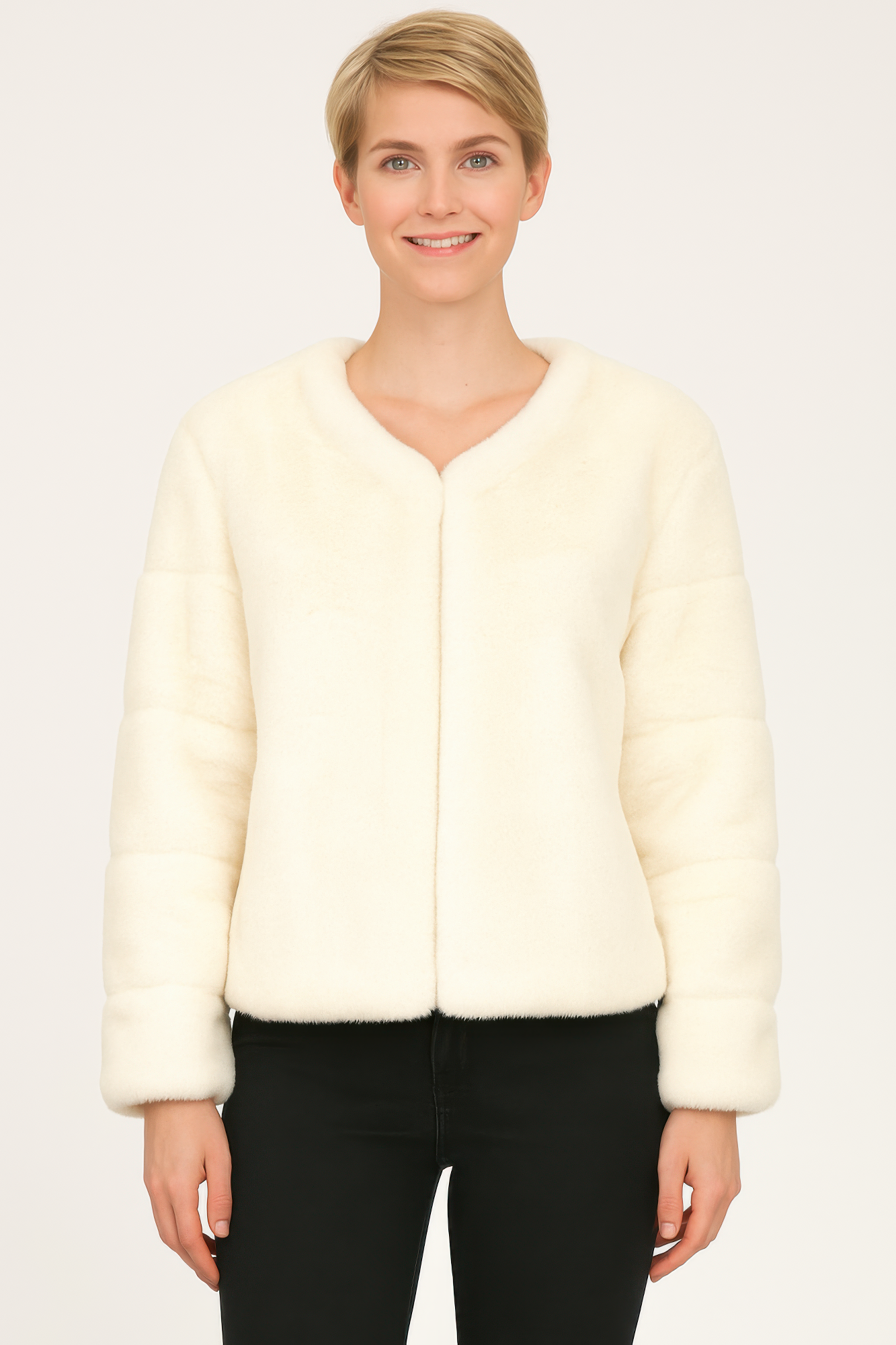 Black faux fur trim cape with open-front silhouette, plush faux fur edging, and elegant evening outerwear styling.