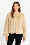 Black faux fur trim cape with flowing silhouette, open-front design, and elegant evening outerwear styling.