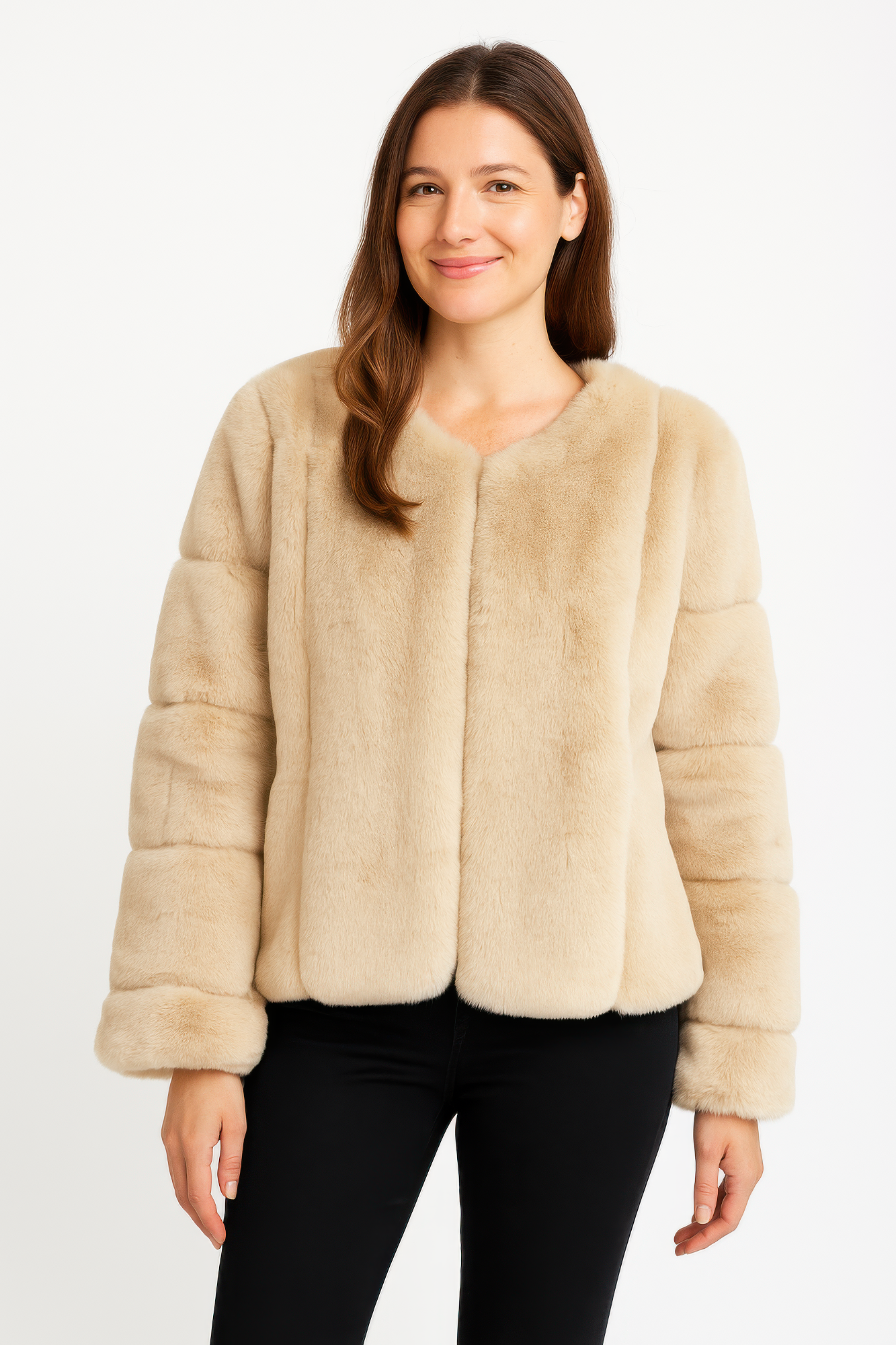 Black faux fur trim cape with flowing silhouette, open-front design, and elegant evening outerwear styling.