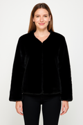 Black faux fur trim cape with flowing silhouette, open-front design, and elegant evening outerwear styling.
