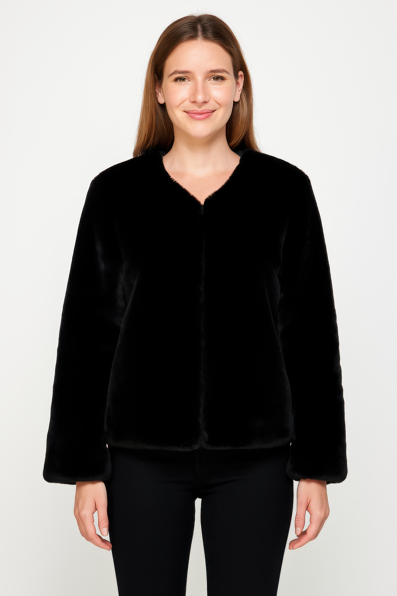 Black faux fur trim cape with flowing silhouette, open-front design, and elegant evening outerwear styling.