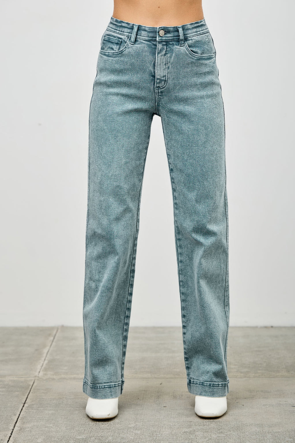 LuxeHaven™ high-rise slim wide straight jeans with ankle hem, stretch denim fabric, and modern relaxed straight-leg fit.