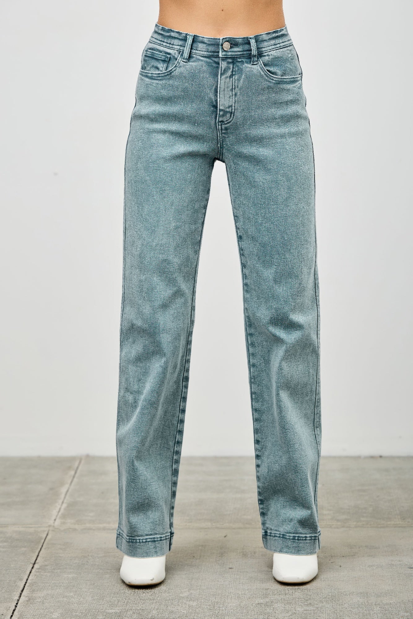 LuxeHaven™ high-rise slim wide straight jeans with ankle hem, stretch denim fabric, and modern relaxed straight-leg fit.