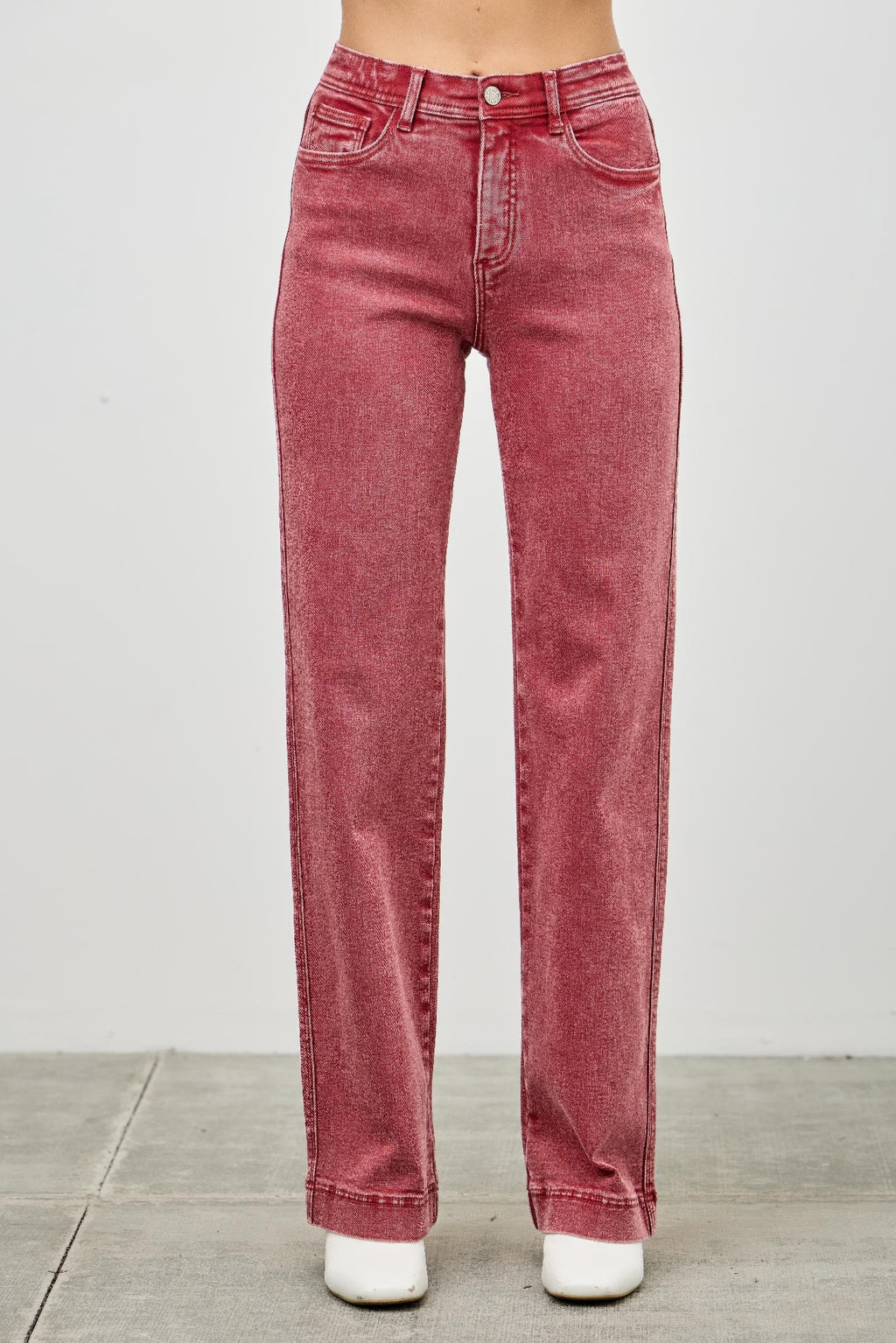 LuxeHaven™ high-rise slim wide straight jeans with ankle-length hem, stretch denim fabric, and relaxed straight-leg silhouette.