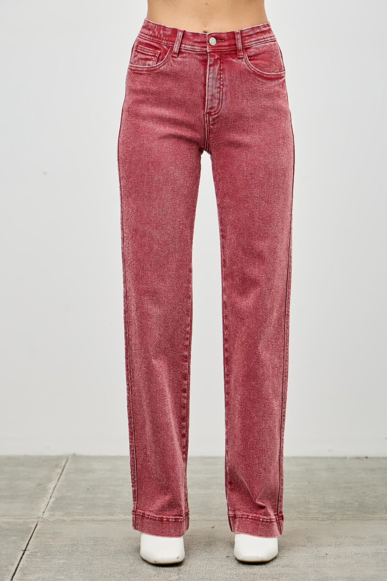 LuxeHaven™ high-rise slim wide straight jeans with ankle-length hem, stretch denim fabric, and relaxed straight-leg silhouette.