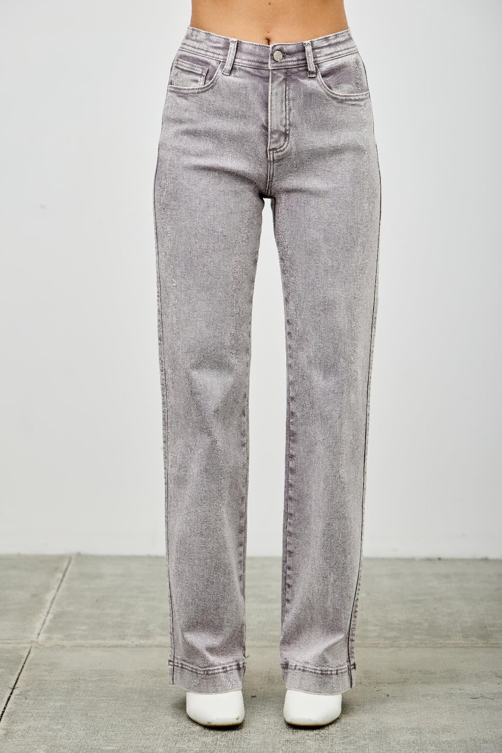 LuxeHaven™ high-rise slim wide straight jeans with ankle-length hem, stretch denim fabric, and relaxed straight-leg silhouette.