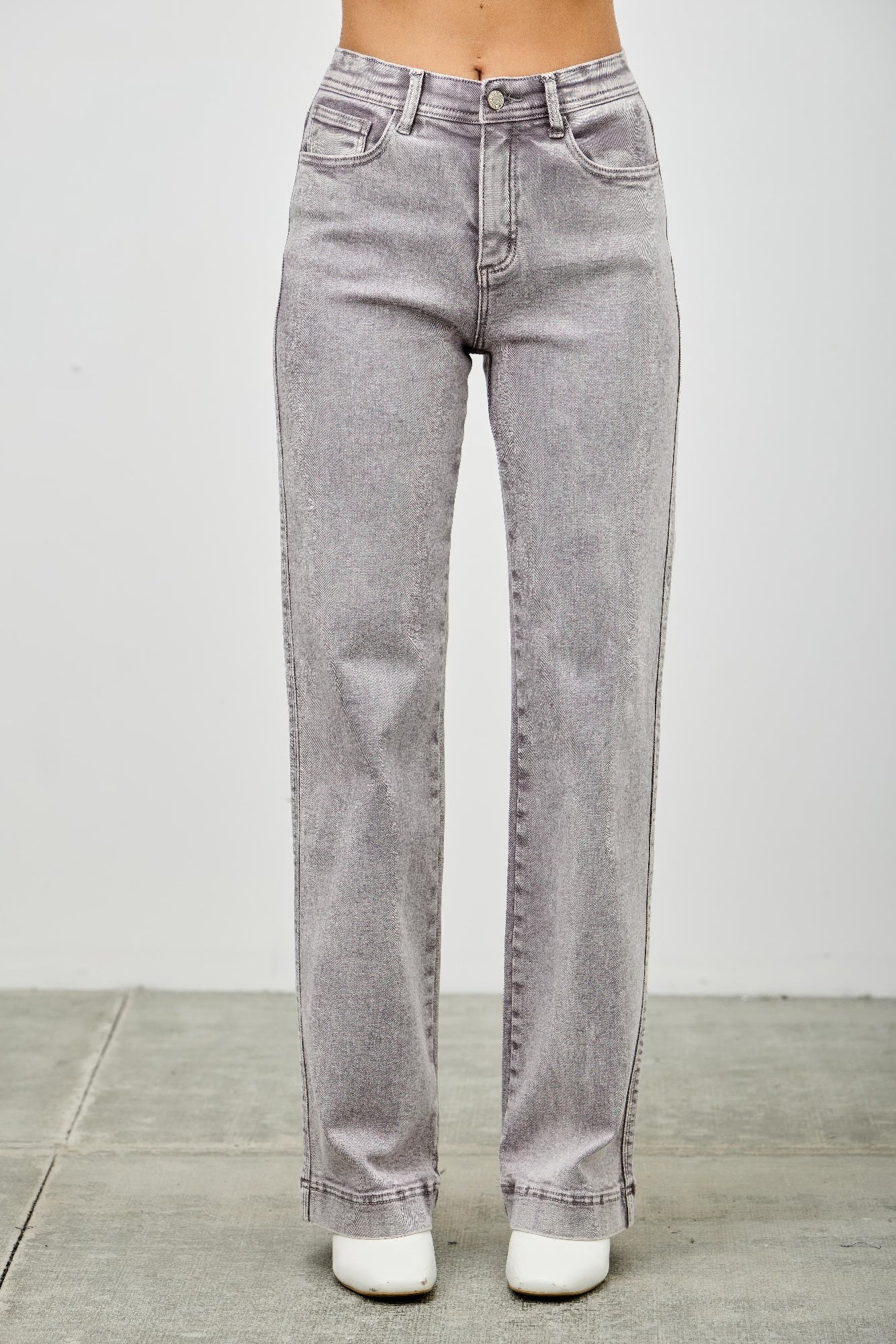 LuxeHaven™ high-rise slim wide straight jeans with ankle-length hem, stretch denim fabric, and relaxed straight-leg silhouette.