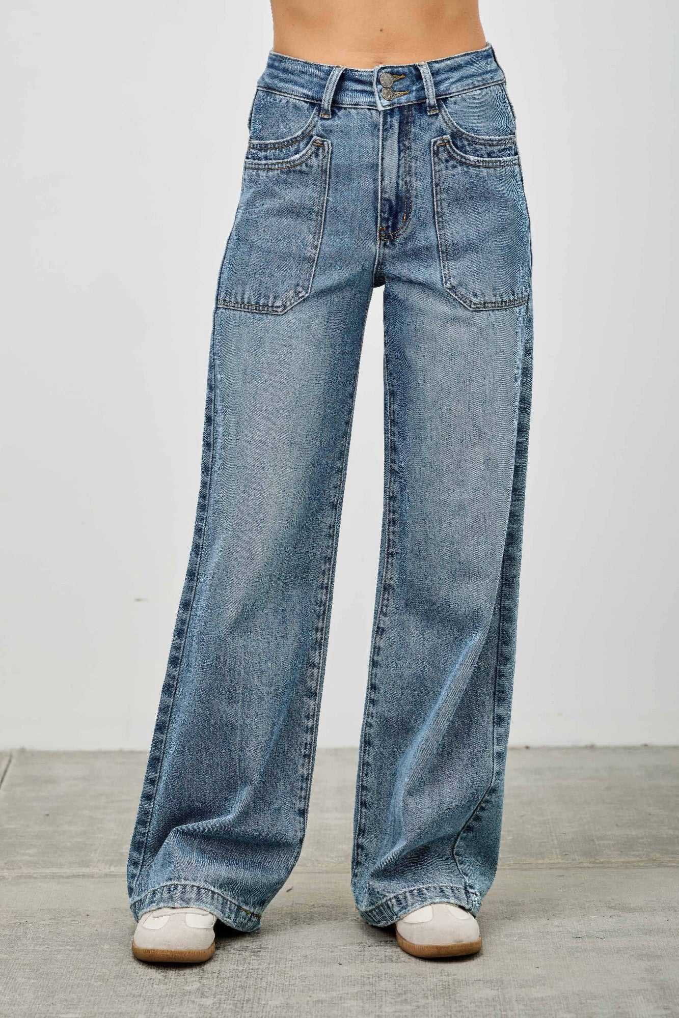 LuxeHaven™ high-rise wide-leg jeans with double front pockets, utility-inspired styling, and relaxed denim fit